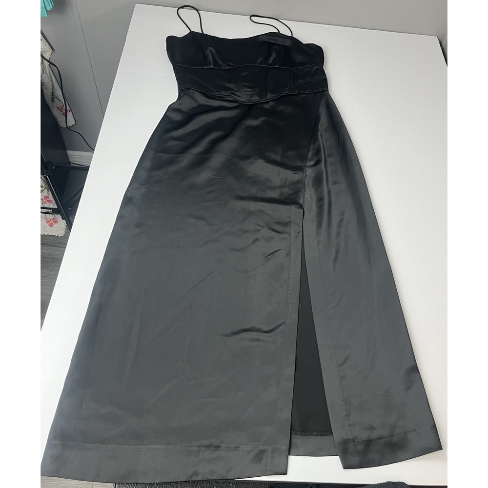 JASON WU Black Satin Corset Boning Bustier‎ Front Slit Midi Zip Dress L - Picture 7 of 13